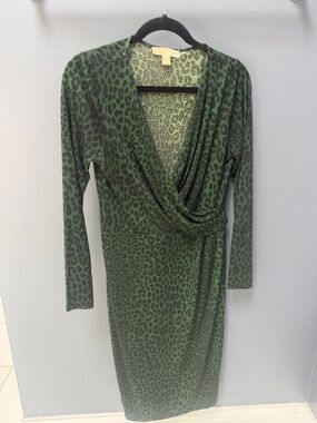 MICHAEL Michael Kors Green Leopard Print Wrap-Style Long Sleeve Dress